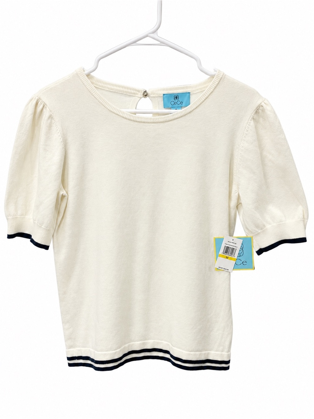 CeCe Woman’s Cream Short Sleeve Knit Top, Navy Trim Pearl Button Closure Size M